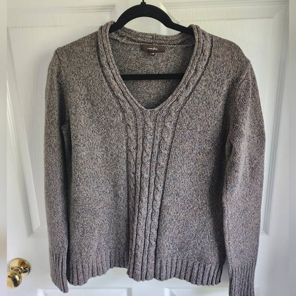 Vintage Cotton Ginny Heathered Brown Knit Cable Knit V-neck Sweater Sz Large - Picture 1 of 8